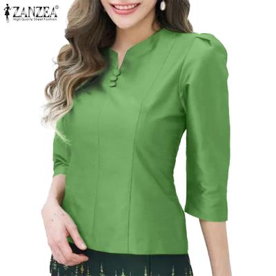 Women Casual Round Neck Solid Color Summer 3/4 Sleeve Blouse