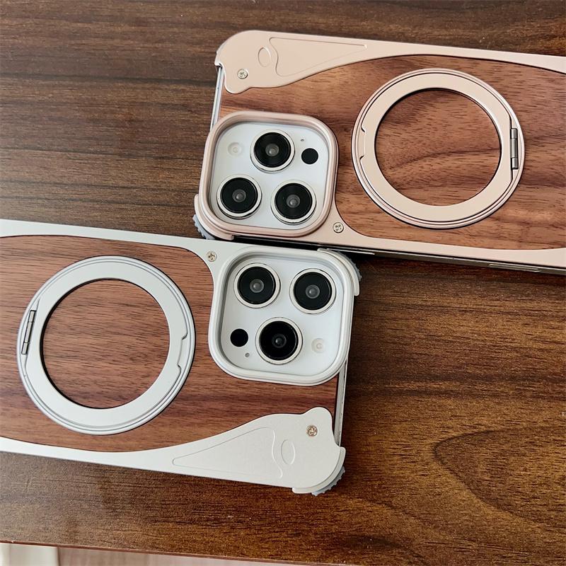 Walnut Wood Aluminum Metal Borderless Magnetic Phone Case For iPhone 15 16 Pro Max 360° Rotate Bracket Magsafe Shockproof Cover