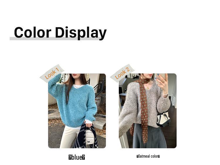 Women's Lake Blue V-Neck Autumn/Winter Korean Style Loose Knit Sweater - Cozy, Versatile, Age-Reducing