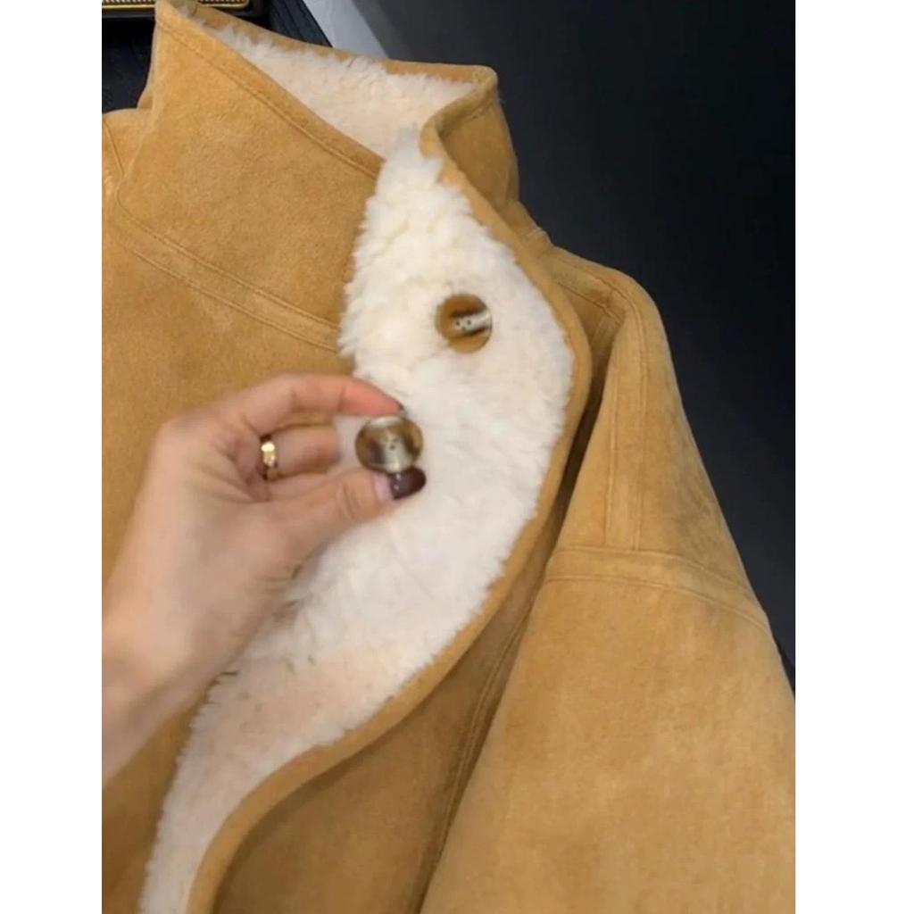Reversible Suede & Lambswool Fur Hoodie Jacket: Women's Winter Stand Collar