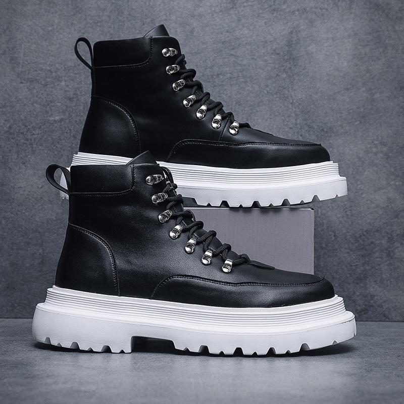 New black and white contrasting color platform men's shoes metal lace-up trend versatile outdoor casual tooling shoes platform men's shoes