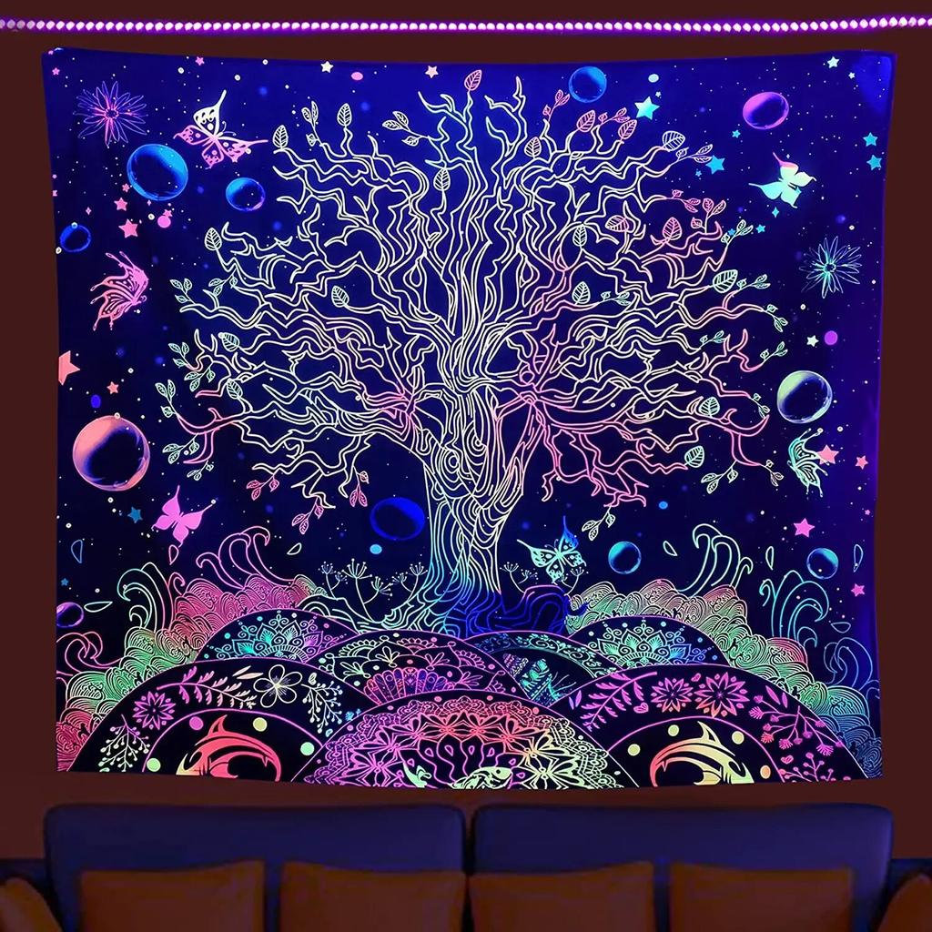 Psychedelic Black Light Colorful Tree of Life Fluorescent Tapestry UV Response Wall Hanging Hippie  Room Decoration