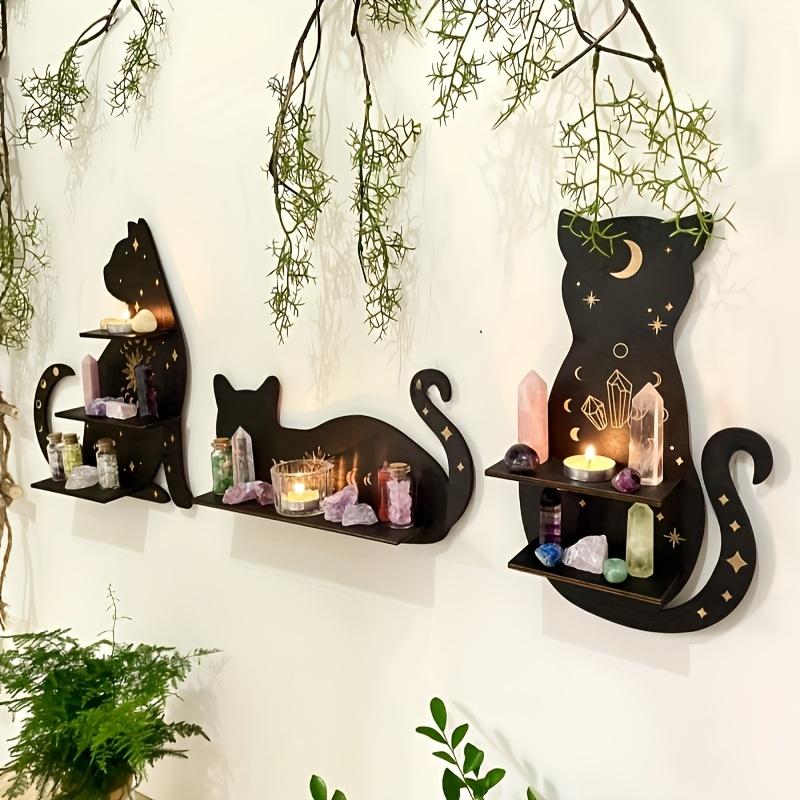 Estante de madera con forma de gato negro, estante flotante con fases lunares, soporte para cristales de chakras, soporte de exhibición de piedra, decoración de pared, decoraciones para el hogar de brujas
