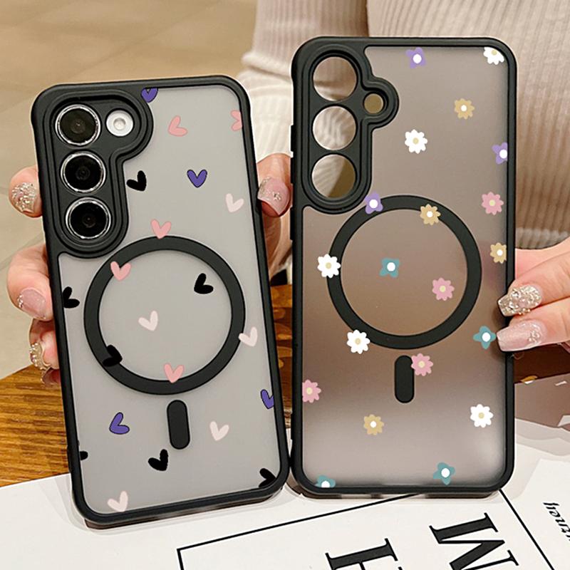 For Samsung Galaxy S24 S23 S22 Ultra S24 Plus S23 FE Flowers Case Magnetic For Magsafe Wireless Charging Clear Matte Phone Cover