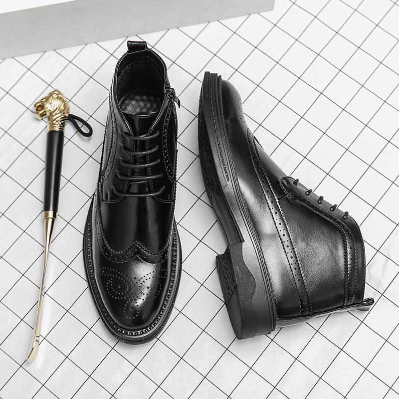 Nové módní zimní lakované brogue kotníkové boty pánské šněrovací vysoké pro muže ploché každodenní univerzální boty