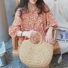 Summer 2025 Korean Floral Baby Shirt: Loose Fit, Round Neck, Sweet Lantern Sleeves for Women