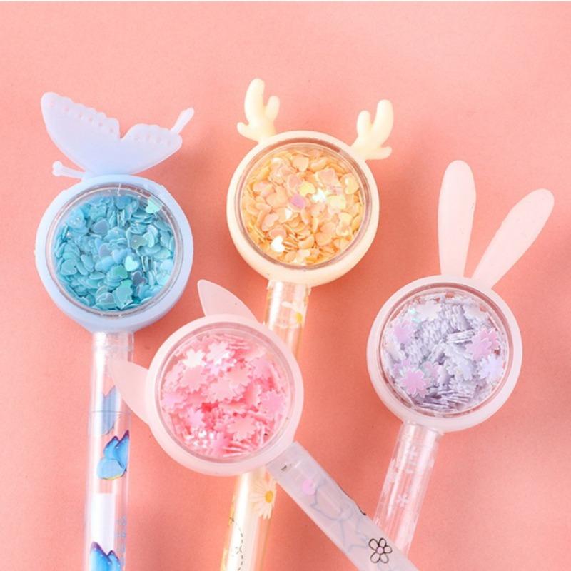 3Pcs Kawaii Butterfly Bunny Kitten Moon Sequin Neutral Pen Cute Cartoon Pen Black Ink Student Office School Stationery
