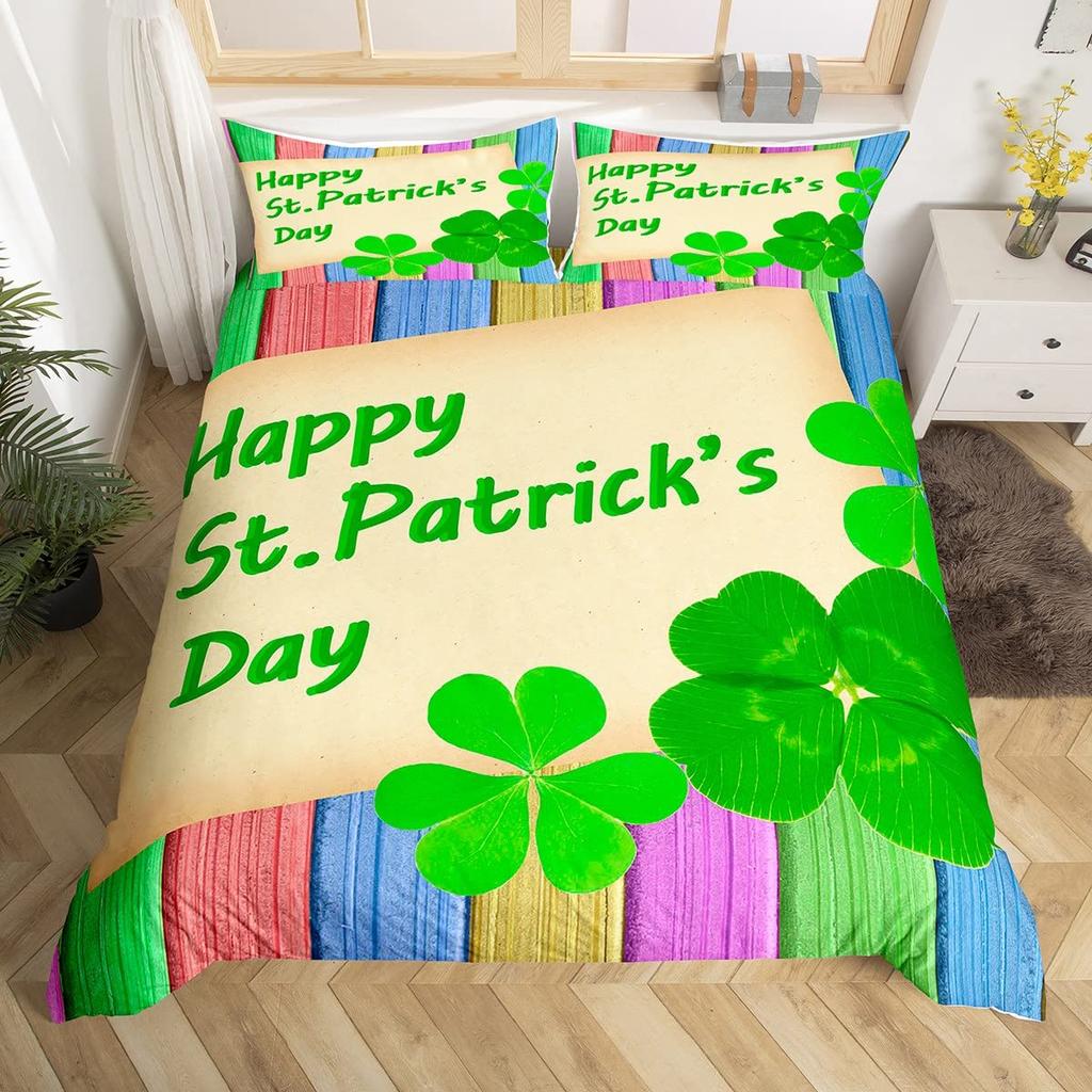 St. Patrick's Day Duvet Cover Cute Cats Rainbow Bedding Set Retro Lucky Clover Polyester Quilt Cover Cute Animal Comforter Cover