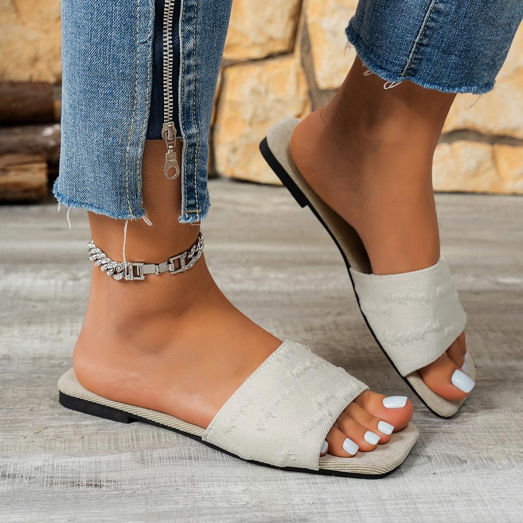 Fashion Women Denim Slippers Flat Peep Toe Shoes Ladies Casual Beach Slippers Flat Luxury Sandals Home  Slides Women Zapatos De Mujer
