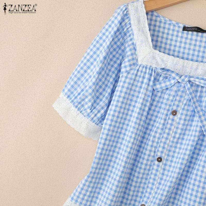 ZANZEA Women Lace Splice Square Collar Casual Short Sleeve Grid Print Blouse