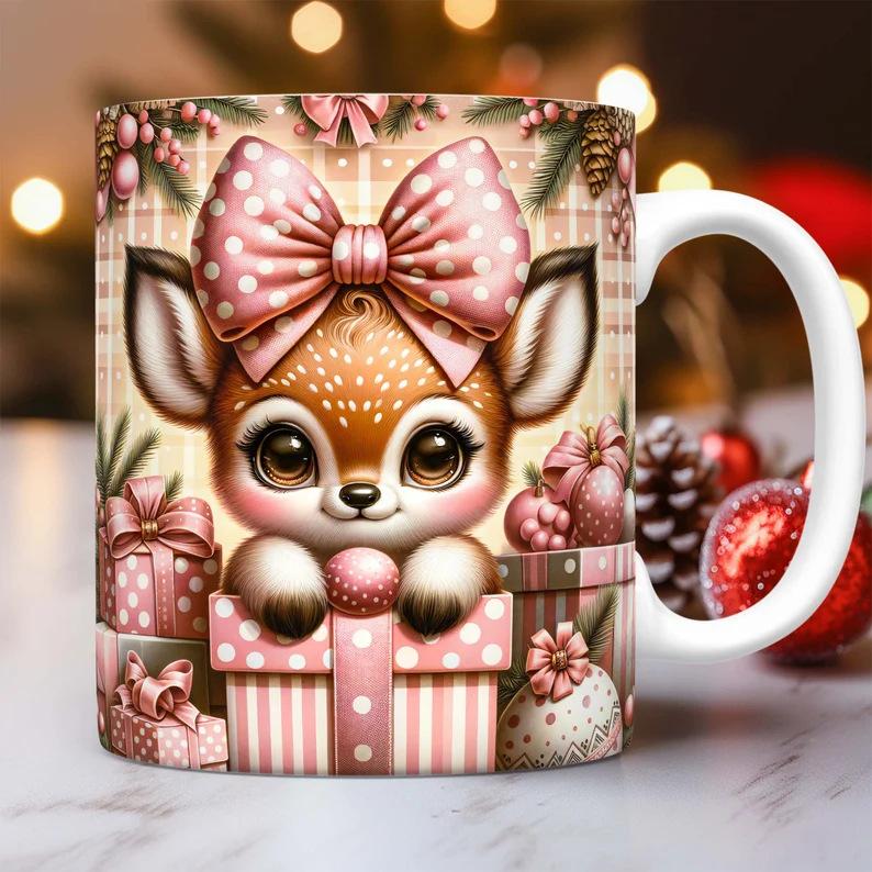 3D Christmas Gift Christmas Reindeer Baby Deer Ceramic Coffee Mug Tea Cup