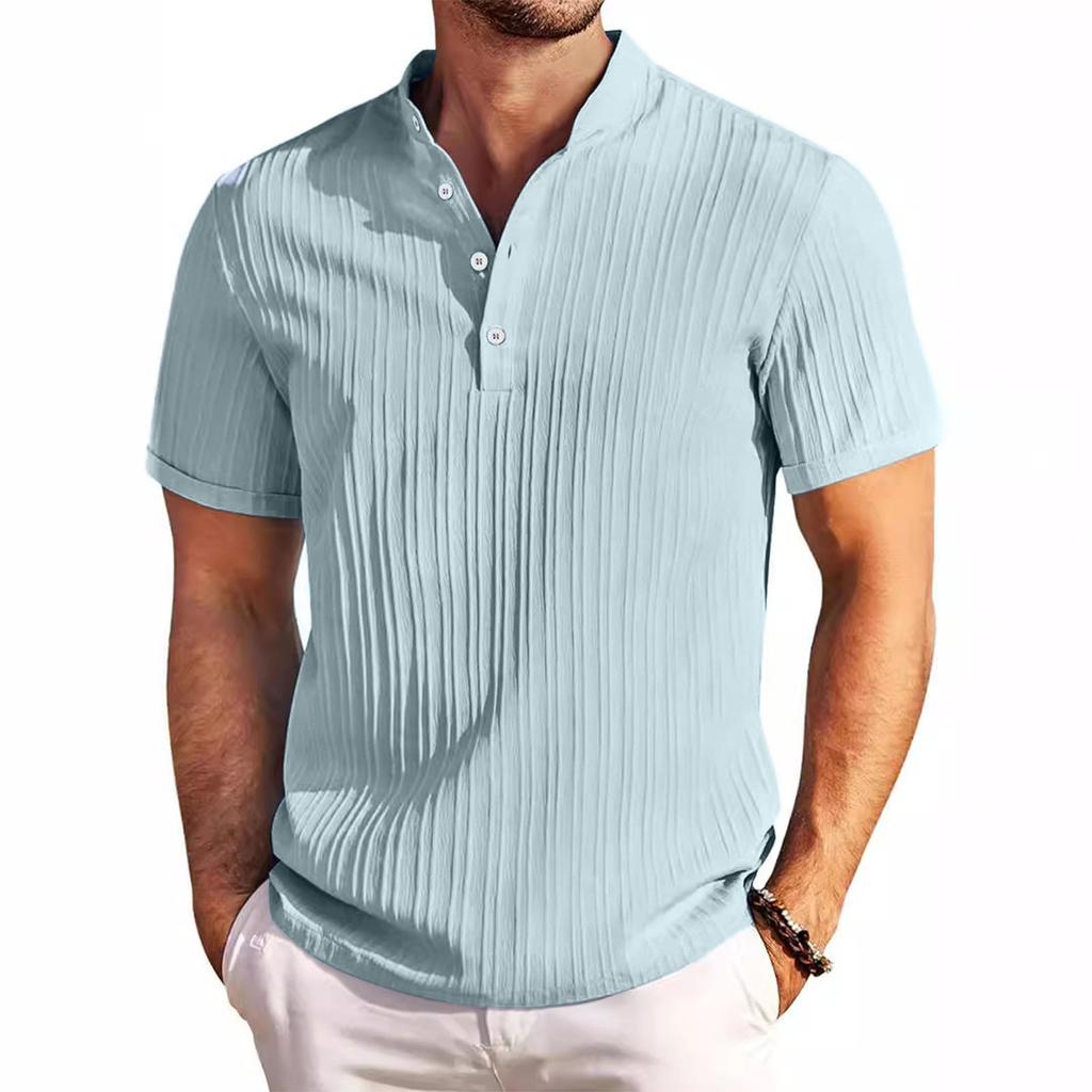 Men'S Summer Casual Collarless Short Sleeved Button Top
