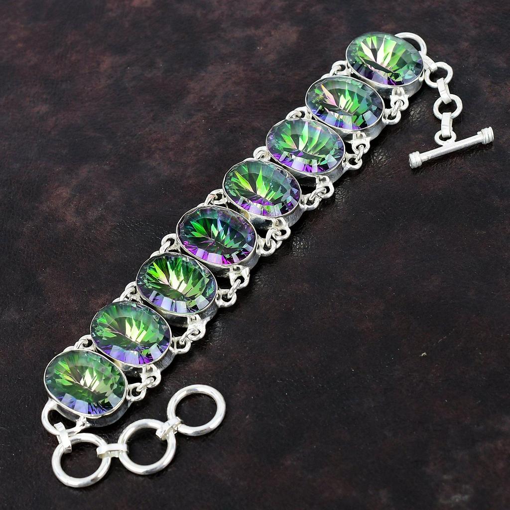 Faceted Rainbow Mystic Topaz Bracelet 925 Sterling Silver Bracelet Adjustable Chain Bracelet Handmade Natural Gemstone Bracelet Gift For Him