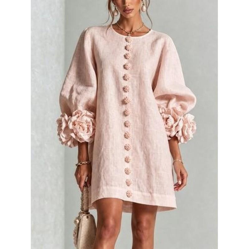2026 Womens French 3D Flower Button Lantern Sleeve Dress Solid Color Fashion