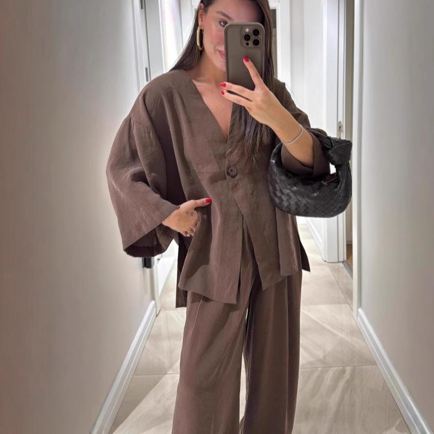 2025 Women's Fashion Casual V-neck Top & High-waisted Pants Set