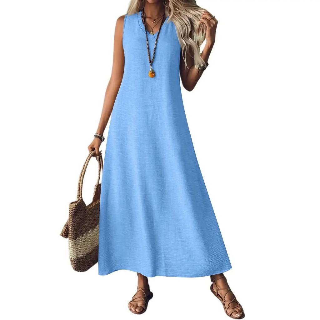 Summer Sleeveless Long V-Neck Elegant Dress Women's Fashion Ankle-Length Maxi Dress