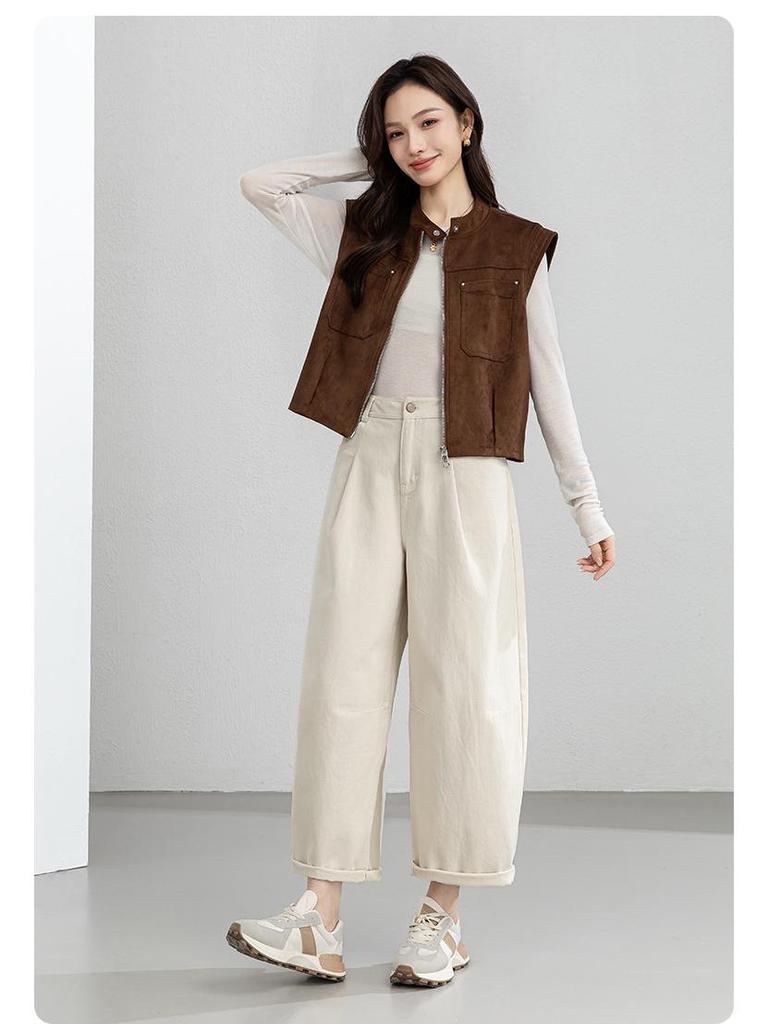 Yi Fei Women's High-Waist Slimming Cotton Trousers - Solid Color, Korean Style, Petite Spring 2026