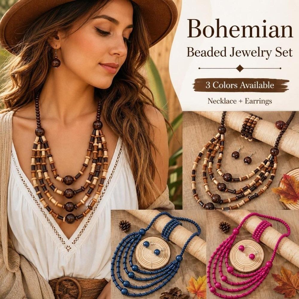 4-teiliges Boho-Halsketten- und Ohrring-Set, mehrlagig, handgefertigt, Set mit Perlenohrringen, Set mit Holzhalsketten, für Damen