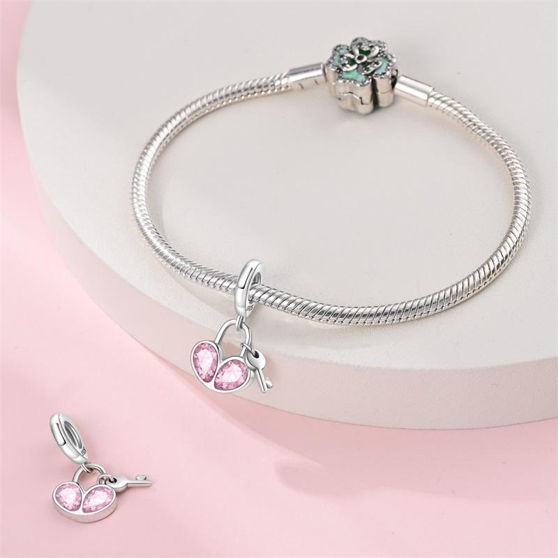 Original Copper Charms Luxury Pink Heart Pendant Lock Key Beads Fit Bracelet Diy Women Making Delicate Gift