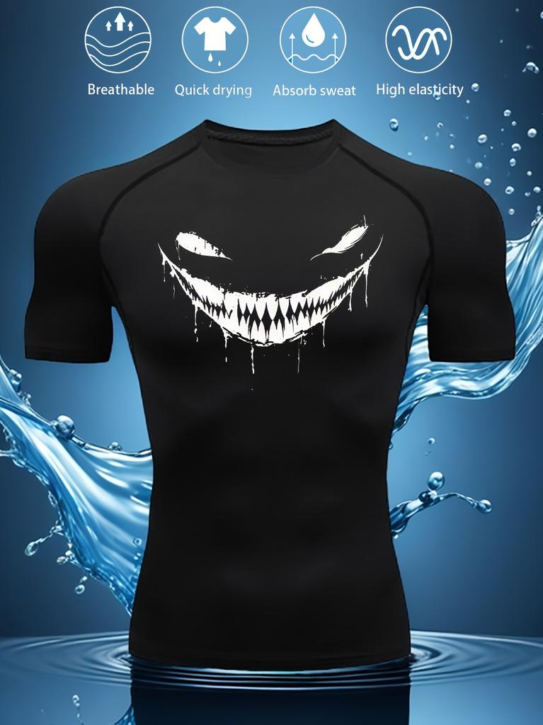 Mens Navy Blue Compression Short Sleeve T-Shirt White Dripping Evil Smile Graphic Quick Dry Breathable High Elasticity Gym And MMA Athletic Top