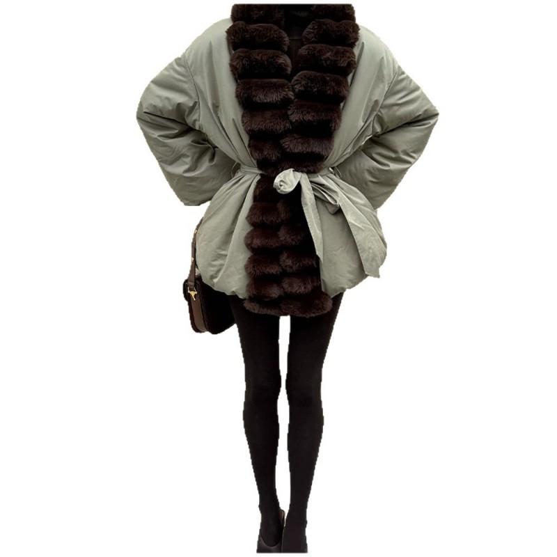 Womens Long Wool Blend Coat With Real Fox Fur Trim V-Neck Belted Outerwear Winter Fashion