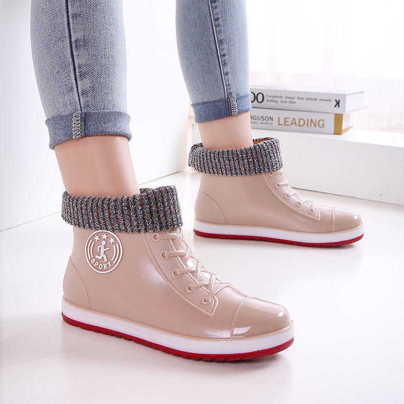 Winter Plush Rain Boots Women Fur Lined Rainshoes Woman Soft Ankle Boot Galoshes Ladies Rainy Work Shoes Female Green Booties