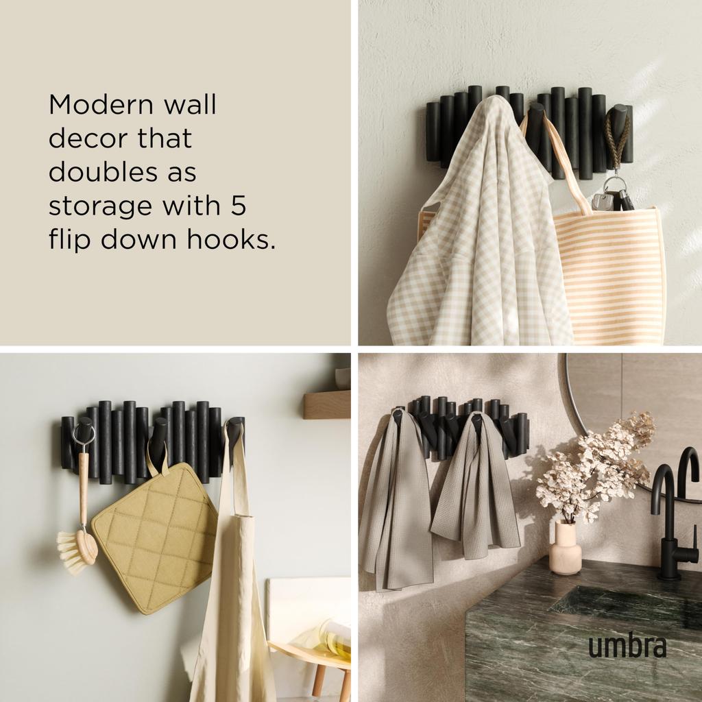 Umbra Wall Hooks, 5-Row, Storage, Wall-Mounted, Interior, 10kg Weight Capacity, Picket, Black, 21011471040, W38 x D4 x H17cm
