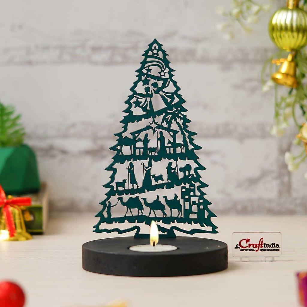 Jesus Nativity Scene Christmas Tree Tea Light Candle Holder(Wooden Green)| Christmas Decoration Items for Home Living Room Office Decor