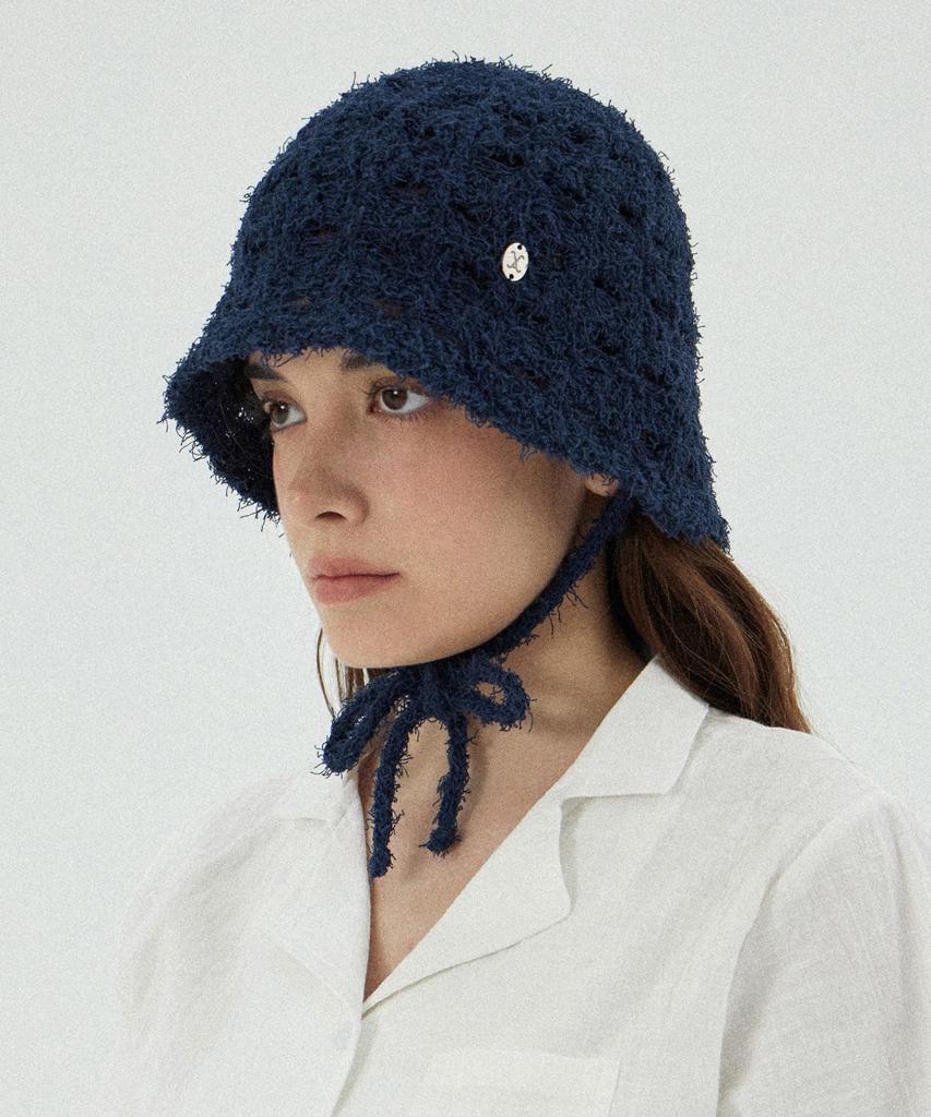 Bajal Va Curved Oval Metallic Knit Punching Bucket Hat Navy