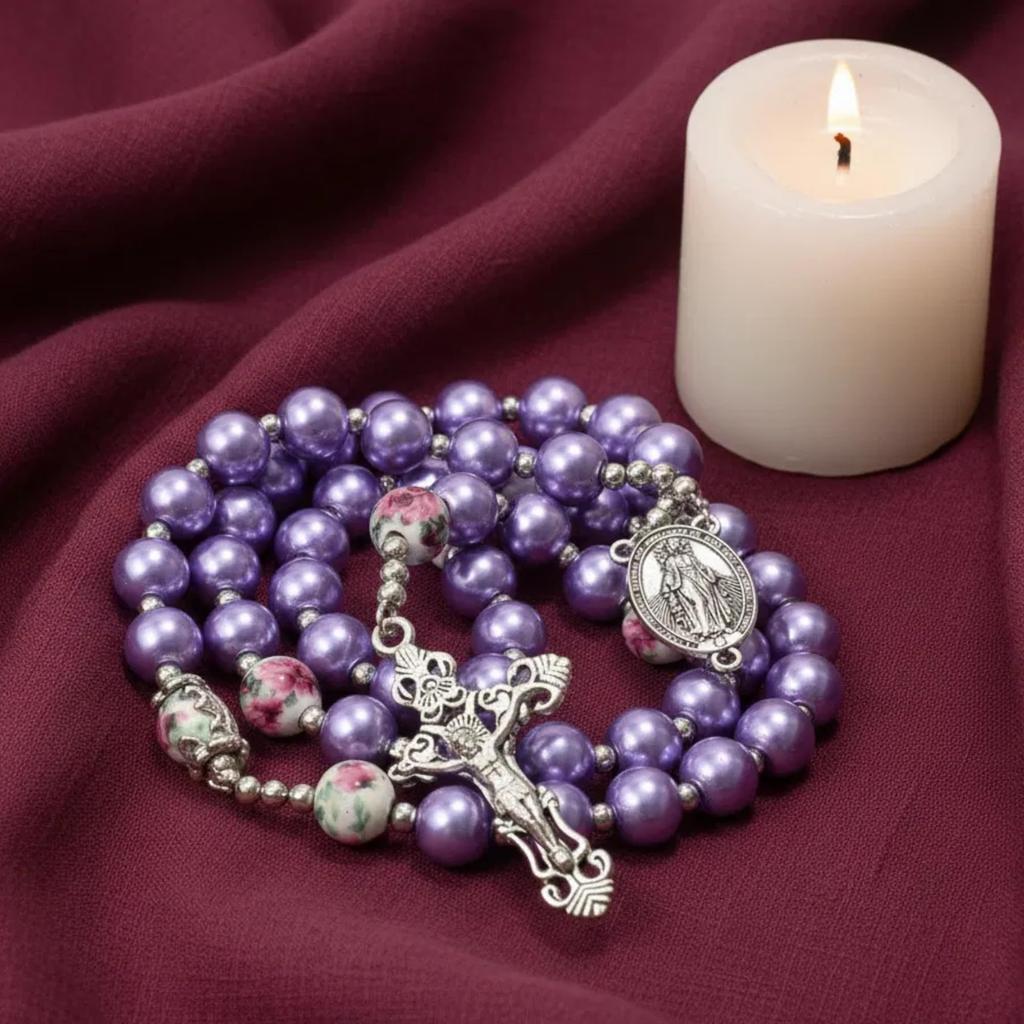 Nazareth Store Purple Pearl Bead Rosary FlowerMetal Necklace Beads Miracle Medal & Cross Rosary Unisex, 1.6" X 0.6" X 21.30", Zinc, No Gemstones.