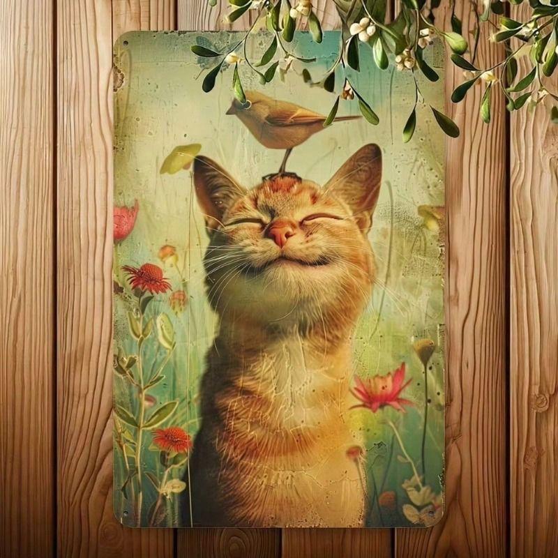 Vintage Metal Poster Wall Art Retro Red Cat Bird Flower Tin Sign