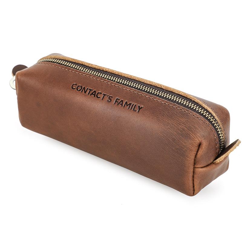 Retro Leather Pencil Case Handmade Zipper Simple Student Stationery Storage Bag Square Ballpoint Pen Case