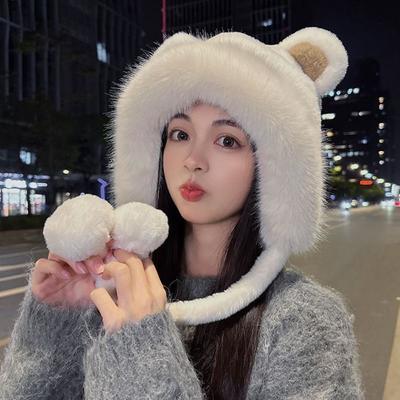 Women Fashion Outdoor Winter Hat Cute Bear Ears Bucket Hat Ear Protection Woolen Bear Ears Hat  Cold-proof Cap