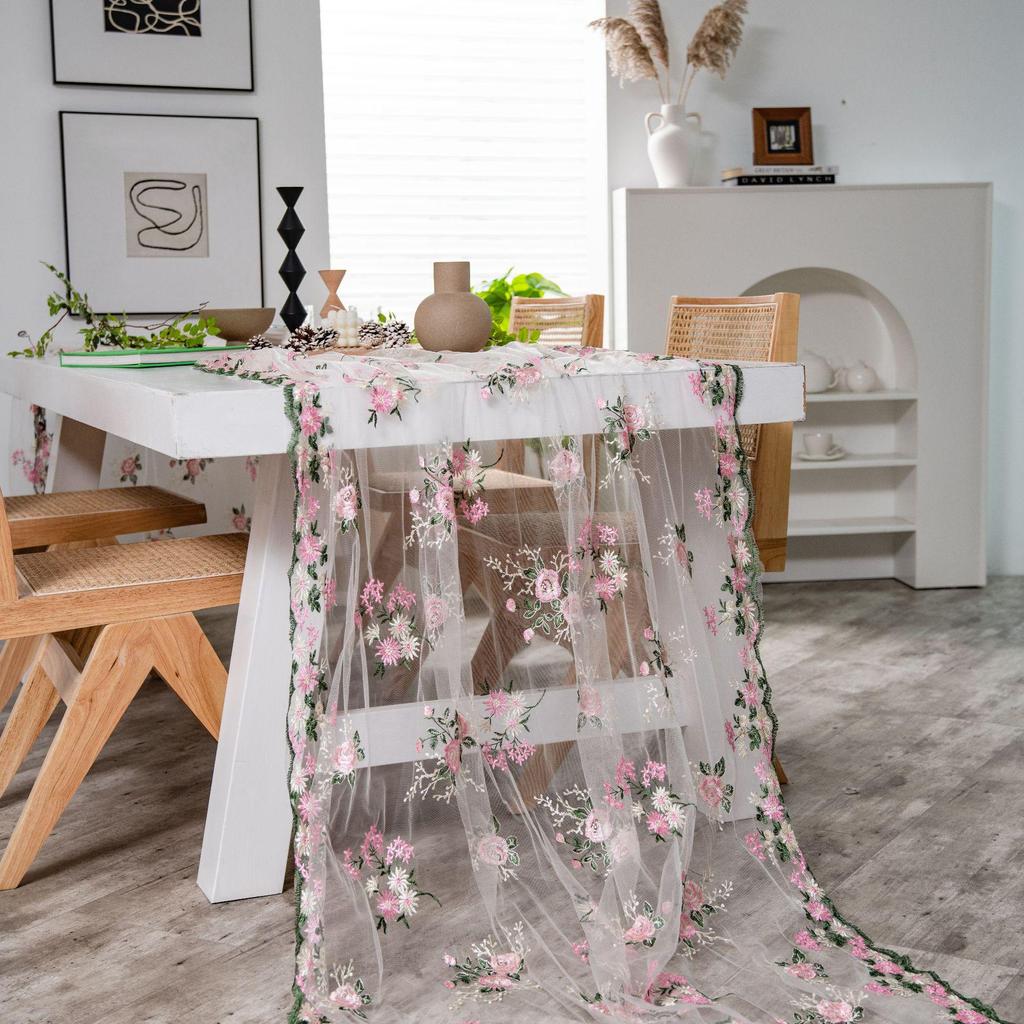 Imanqi Yun Pink Floral Embroidered Tablecloth and Cake Photography Backdrop
