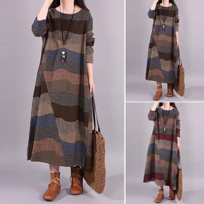 Vestido Maxi de Algodón Lino de Manga Larga para Mujer Vintage Bohemio Estampado Patchwork Cuello Redondo Vestido Otoño Outfit Holgado
