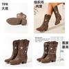 Womens Western Embroidered Boots Round Toe Chunky Mid Heel Mid-Calf Pull-On All-Match Casual