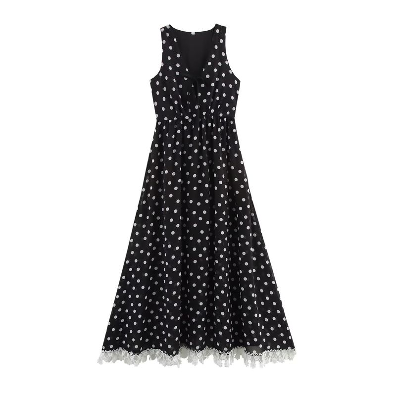 

Kaslead New Women clothes Western Style Fashion Polka Dot Stitching Lace V-neck Sleeveless Dress Picture Color L