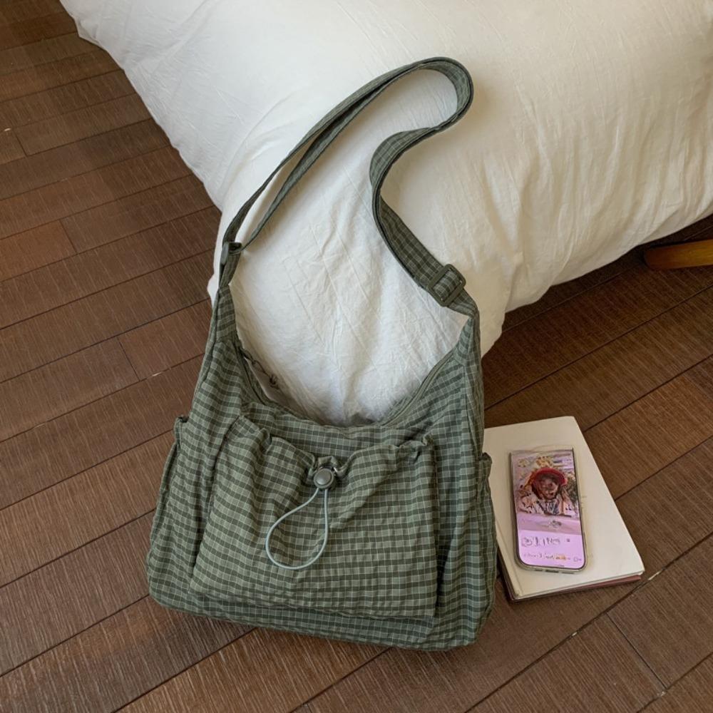 Składana torebka damska z regulowanym paskiem crossbody/na ramię i plisowanym designem z wieloma kieszeniami - Szkolna torba na książki w kratkę i paski