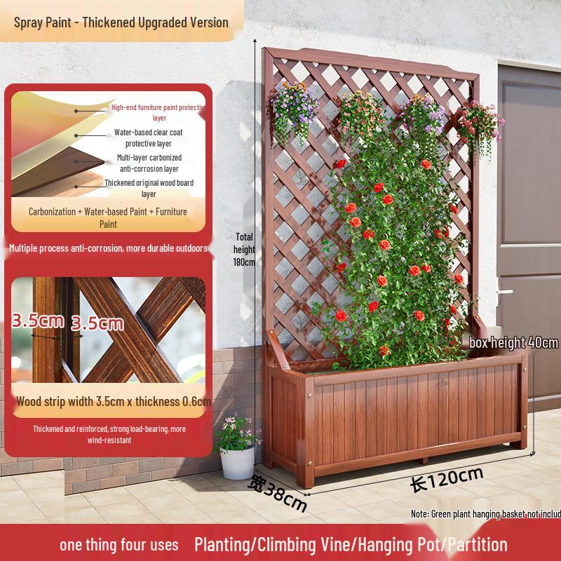 Carbonized Wooden Planter with Trellis: Outdoor Anticorrosive Flower Pot and Climbing Rack for Balcony or Garden.