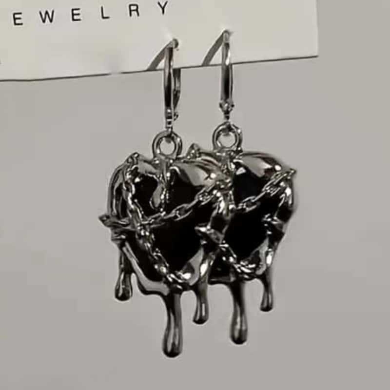 Y2K Gothic Silver Color Liquid Metal Thorny Heart-shaped Star-shaped Pendant Dangle Earrings for Women Hip-hop Punk Jewelry Gift