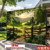 2D plane, 1 vibrant green plant and wooden fence banner. Rural scenery background fabric. Suitable for autumn parties.