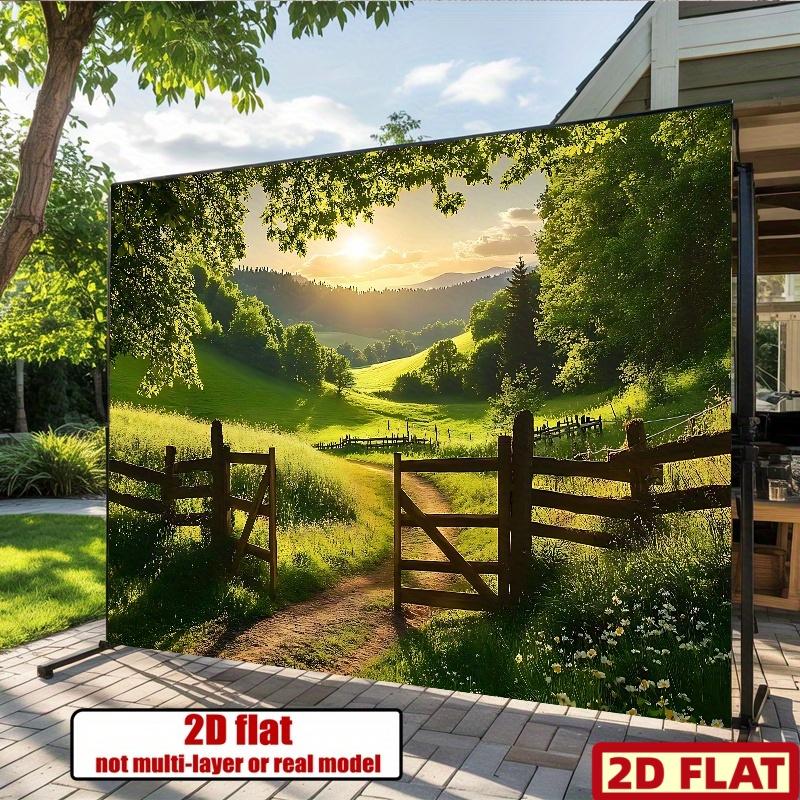 2D plane, 1 vibrant green plant and wooden fence banner. Rural scenery background fabric. Suitable for autumn parties.