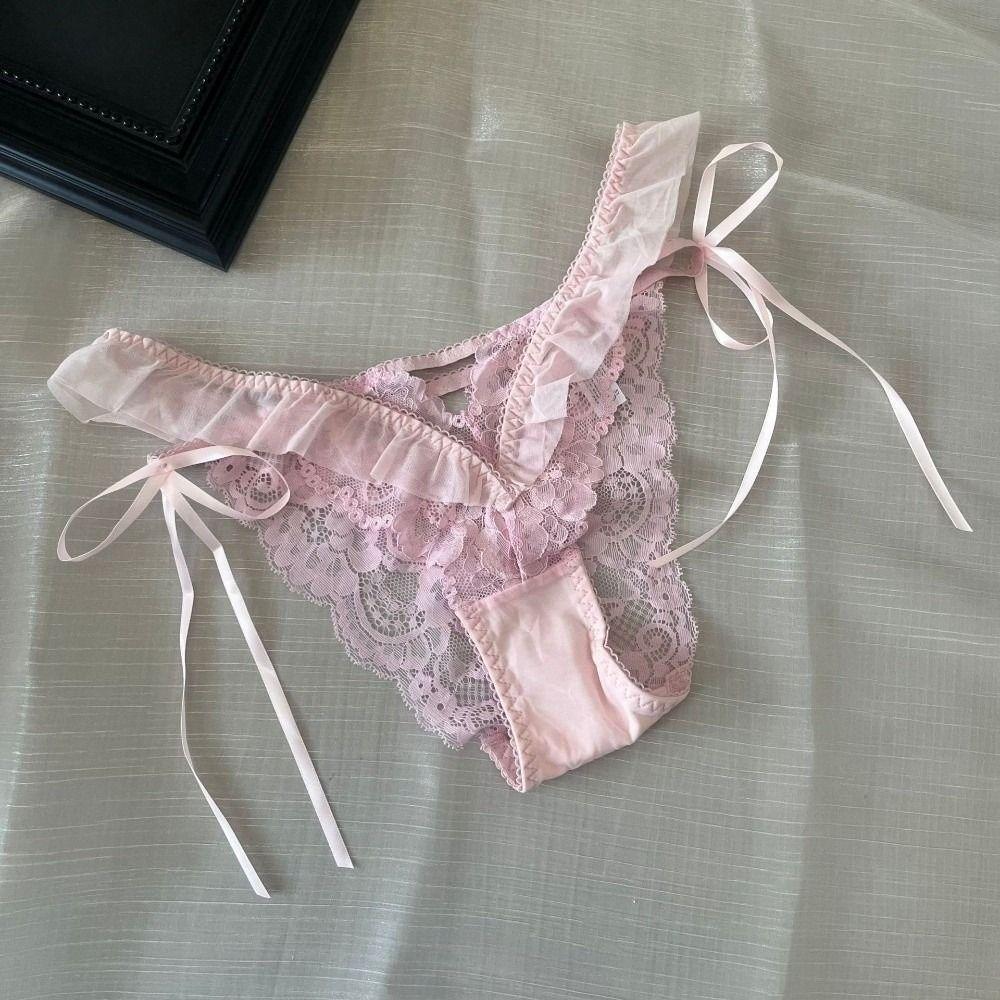 Mesh Ruffle Floral Bowknot Panties Bow Ribbon Underpants Lace Flower Transparent Briefs Lady