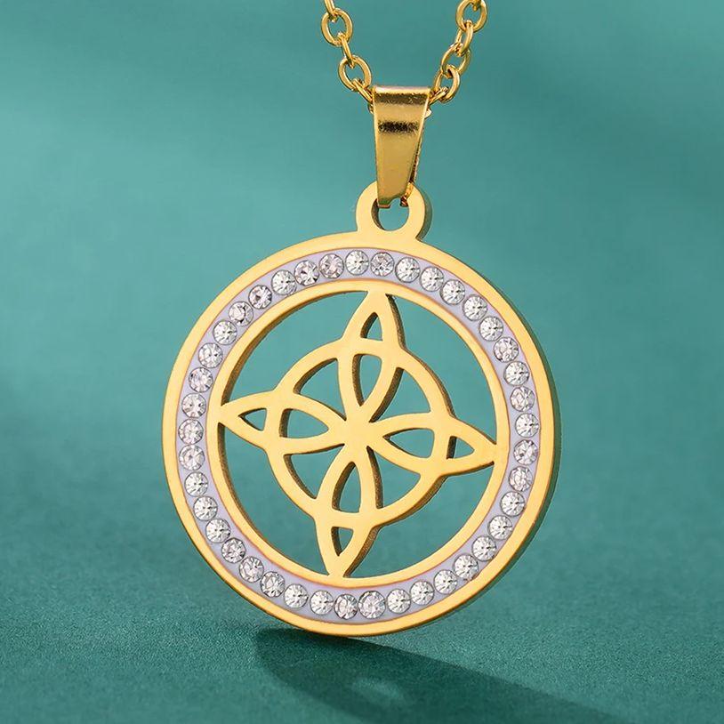 LIKGREAT Stainless Steel Celtic Witches Knot Zircon Round Necklace for Women Men Hot Selling Viking Wiccan Talisman Jewelry Gift