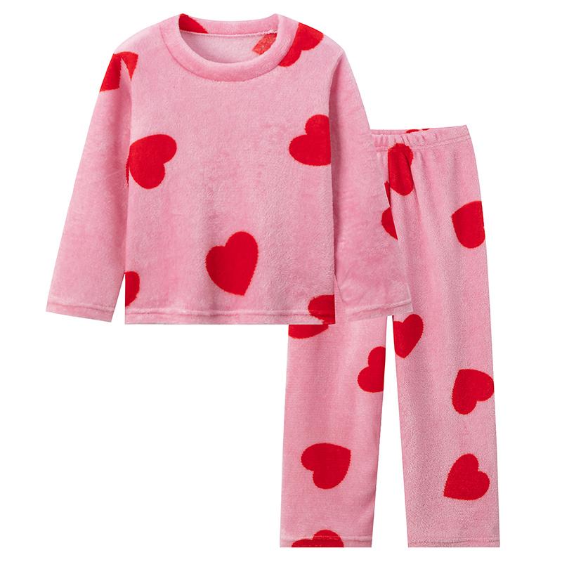 2-piece Children's Autumn and Winter Flannel Long-sleeved Trousers Suit Pink Love Girl Cute and Comfortable Home Clothes Suit