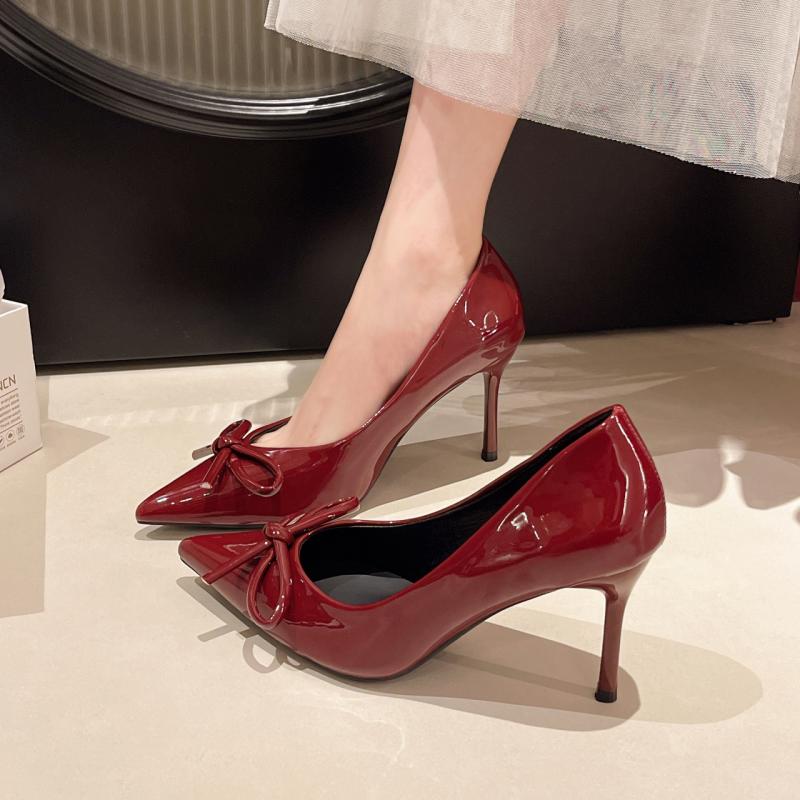 Fashion Sweet Bowknot Decoration Patent Leather Slip On Pumps Women 2025 Autumn Pointed Toe High Heel Pumps Fashion Party Dress Shoes