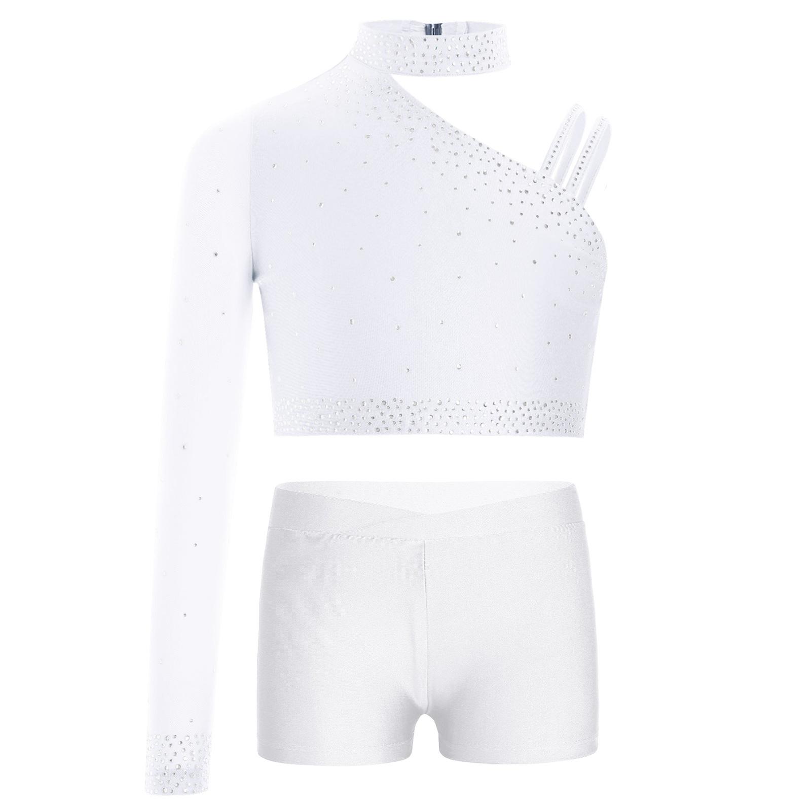 Top da ballo scintillante da ragazza Top corto con spalla irregolare Scollo a V Fascia in vita Pantaloncini Strass Costume di scena 13-14 Years bianco