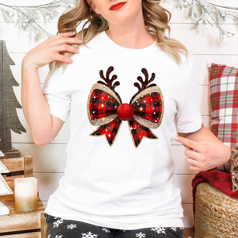 Weihnachtsschleife Kreativ Bedruckt Trendig Baumwoll-Top Lässige Sportbekleidung Locker Damen-T-Shirts Damen