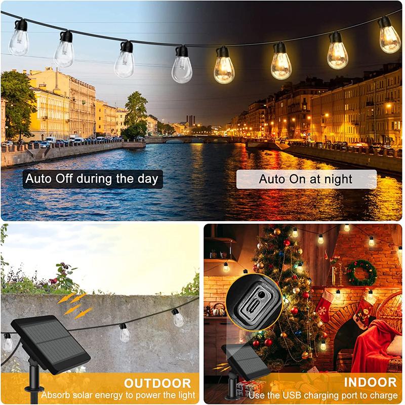 50ft 20 Bulbs Solar Outdoor Lights S14 Fairy String Light Christmas Garland Waterproof Edison LED Light Patio Garden Party Decor