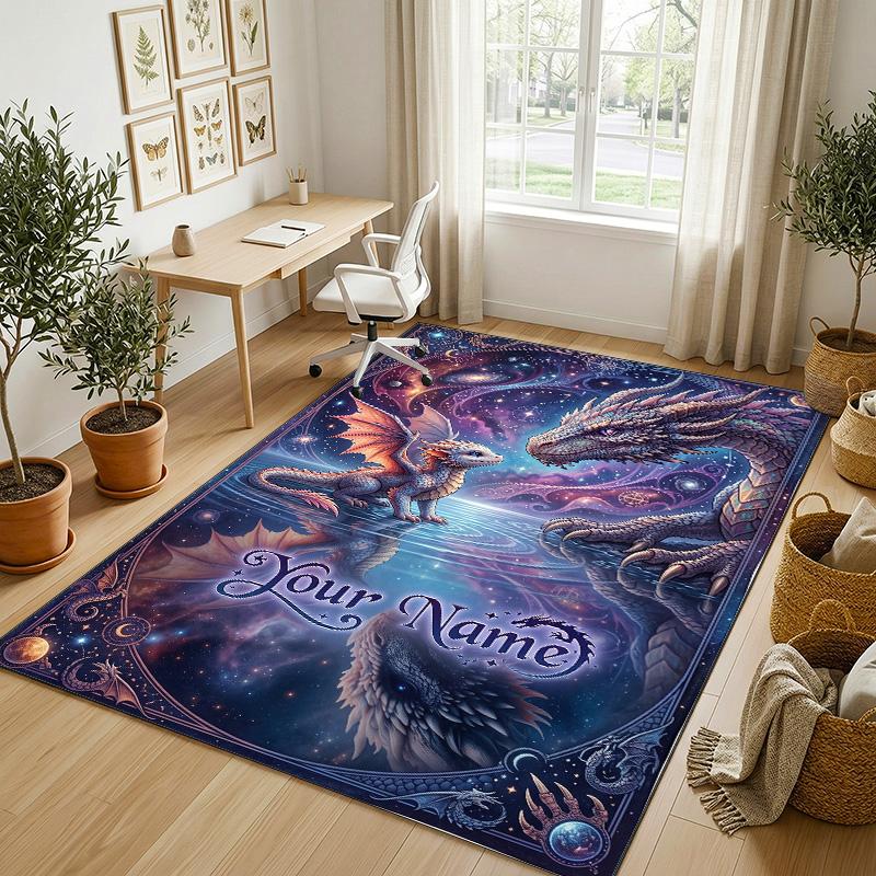 Dragon Phoenix Theme Crystal Velvet Rug Personalized Custom Name Text Soft Floor Mat Home Decor